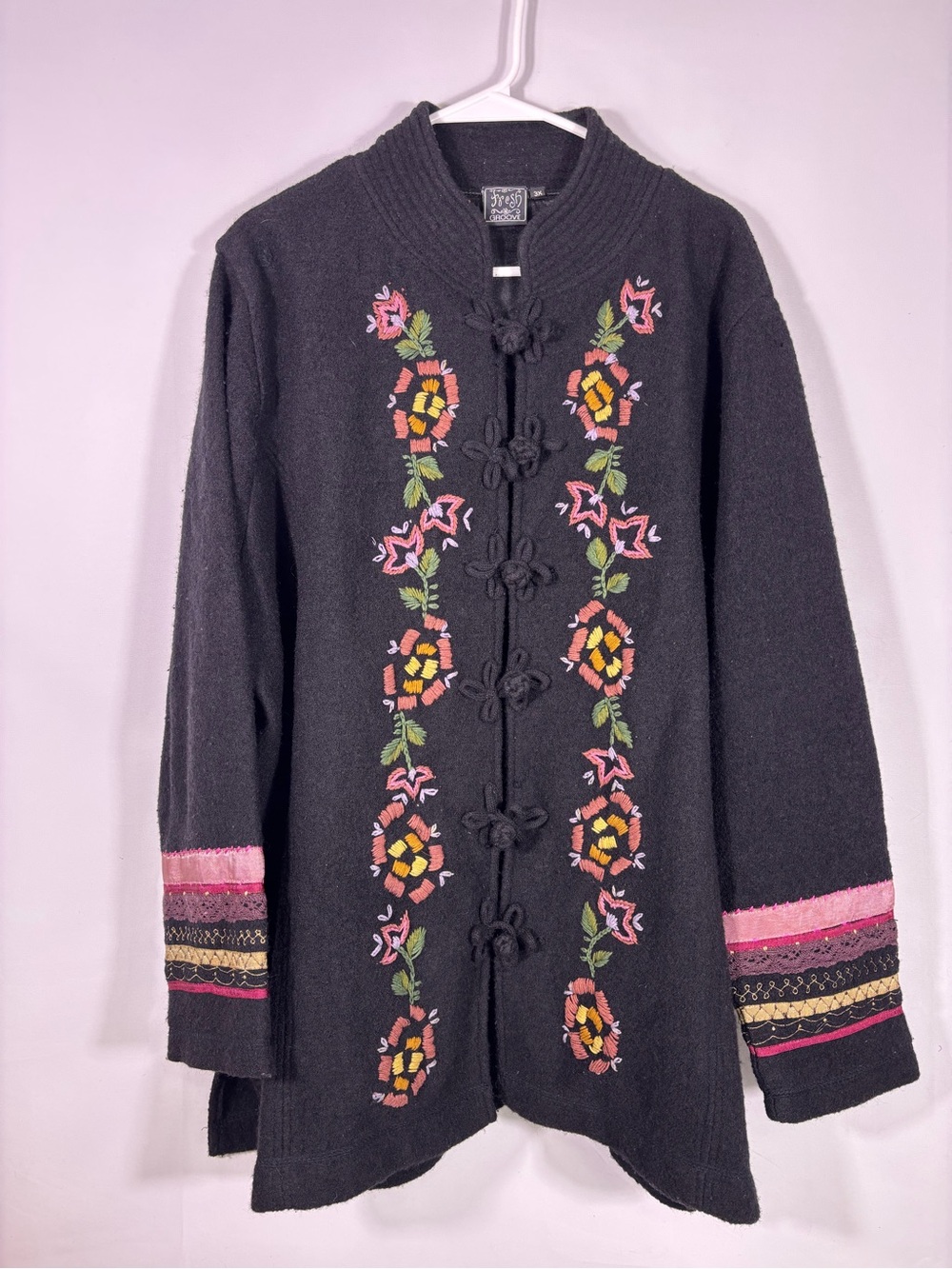 Fresh Groove 100% Wool Embroidered Floral Frog Closure Boho Jacket 3XL